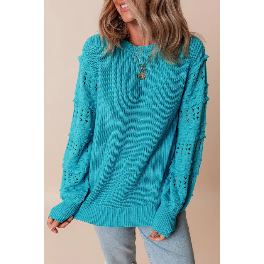 Openwork Frill Round Neck Long Sleeve Sweater Turquoise / S Apparel and Accessories