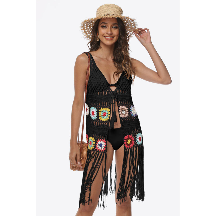 Openwork Fringe Detail Embroidery Sleeveless Cover-Up Black / One Size Apparel and Accessories