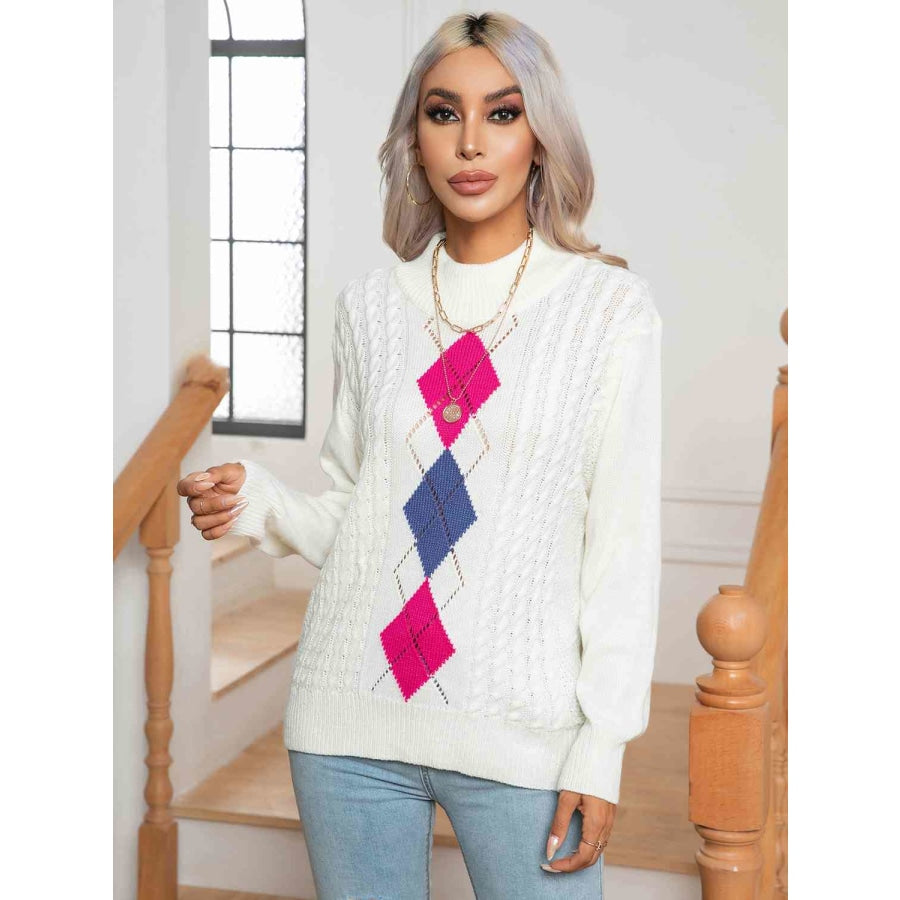 Openwork Geometric Mock Neck Sweater