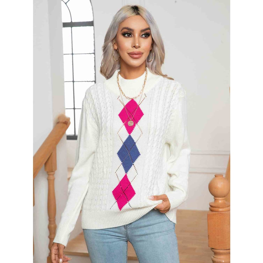 Openwork Geometric Mock Neck Sweater White / S