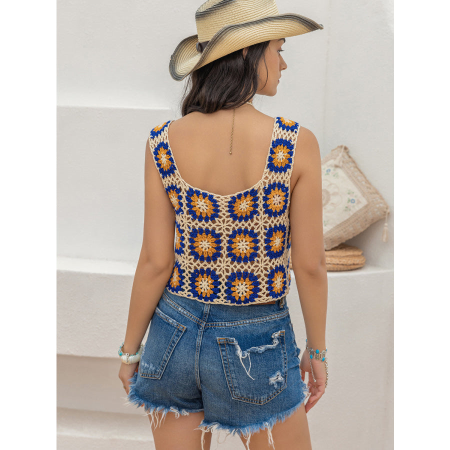 Openwork Graphic Square Neck Tank Royal Blue / S Apparel and Accessories