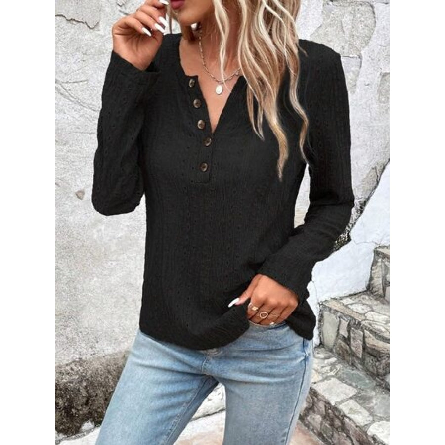 Openwork Half Button Long Sleeve Blouse Black / S Clothing