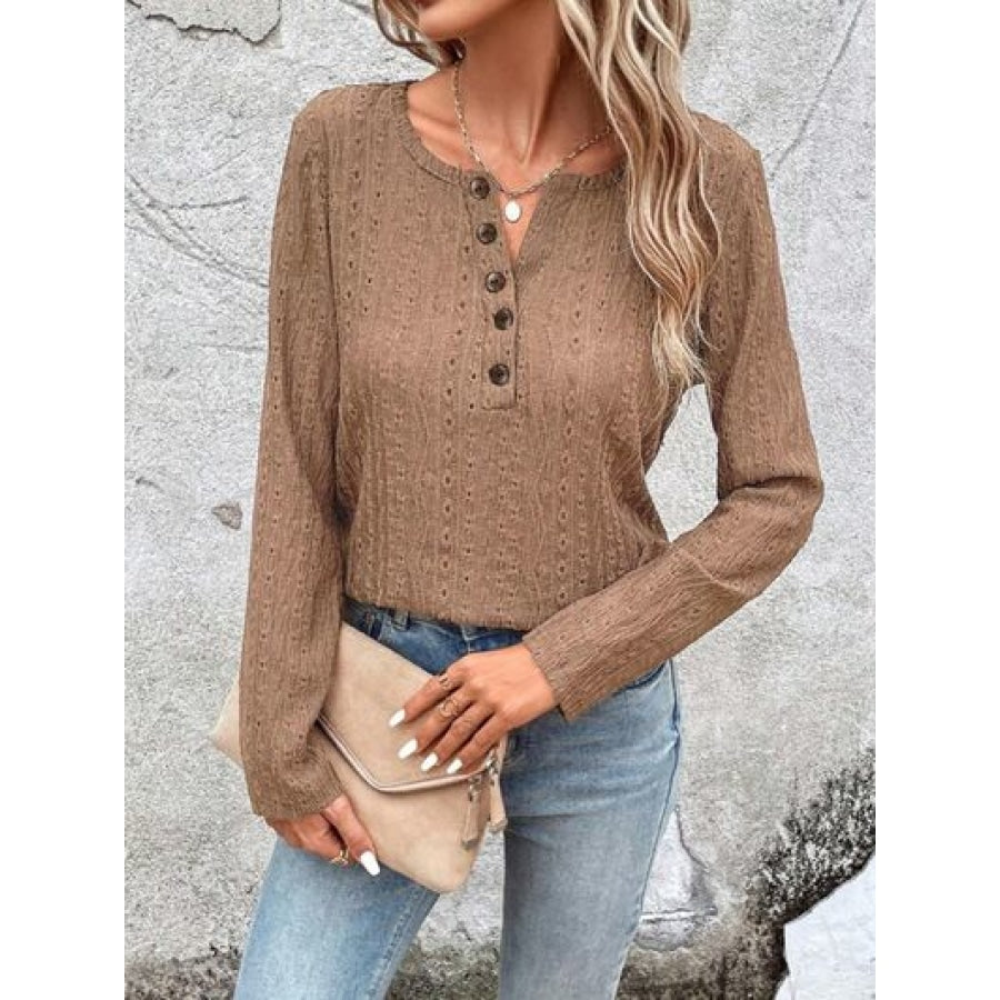 Openwork Half Button Long Sleeve Blouse Camel / S Clothing