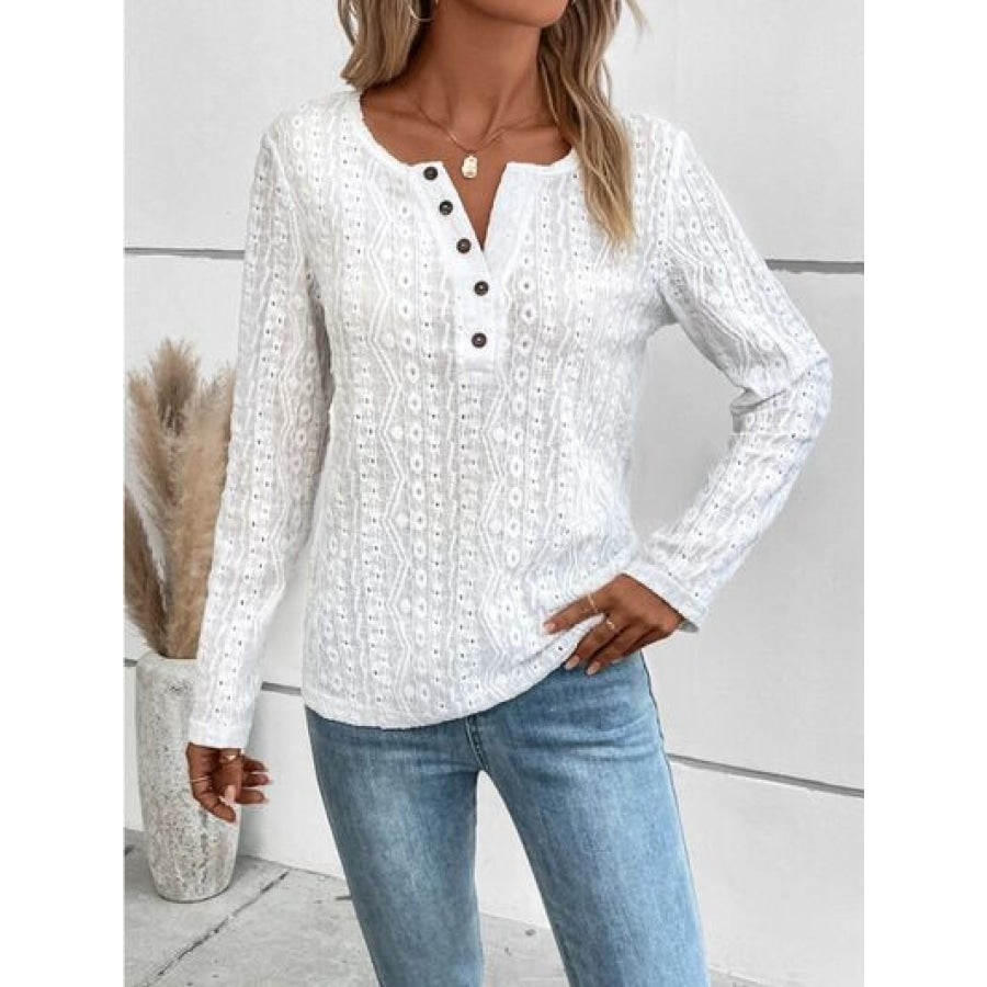 Openwork Half Button Long Sleeve Blouse Clothing