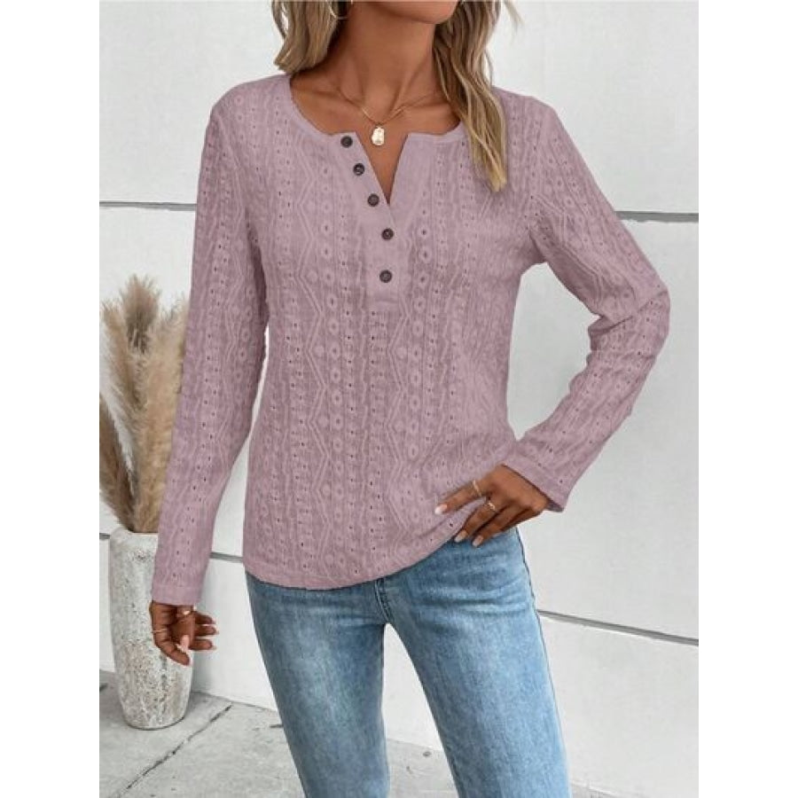 Openwork Half Button Long Sleeve Blouse Clothing