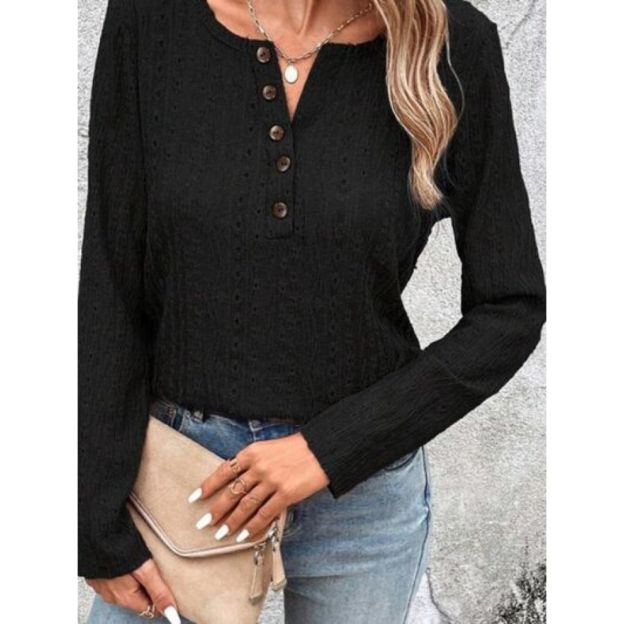 Openwork Half Button Long Sleeve Blouse Clothing