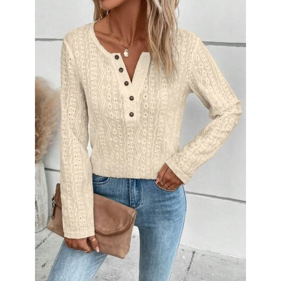 Openwork Half Button Long Sleeve Blouse Clothing