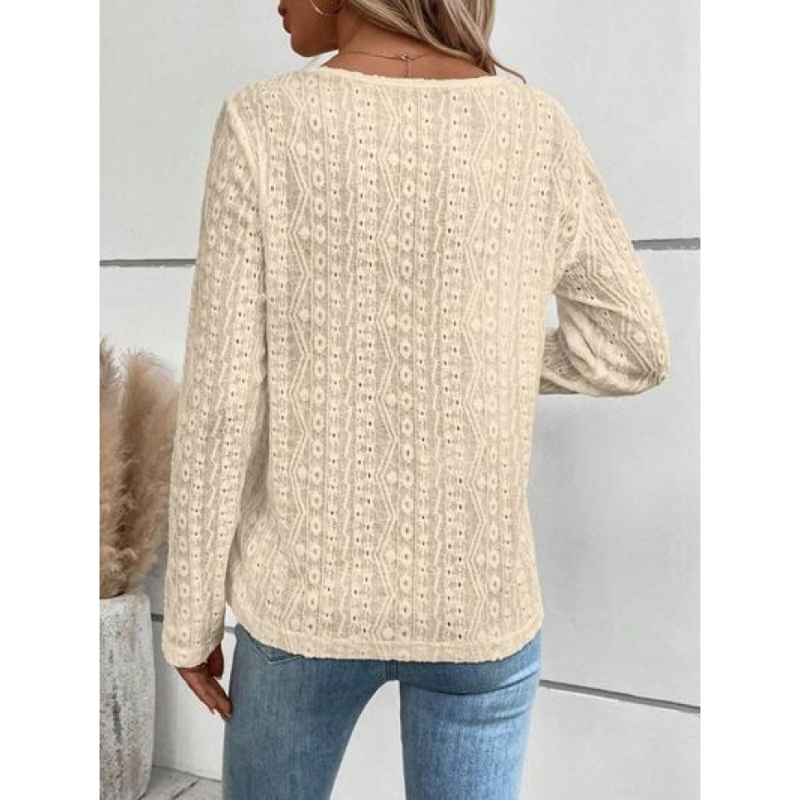 Openwork Half Button Long Sleeve Blouse Clothing