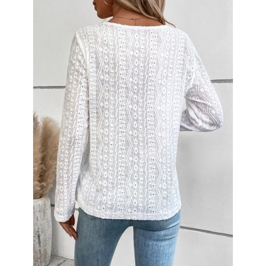 Openwork Half Button Long Sleeve Blouse Clothing