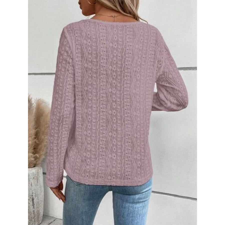 Openwork Half Button Long Sleeve Blouse Clothing