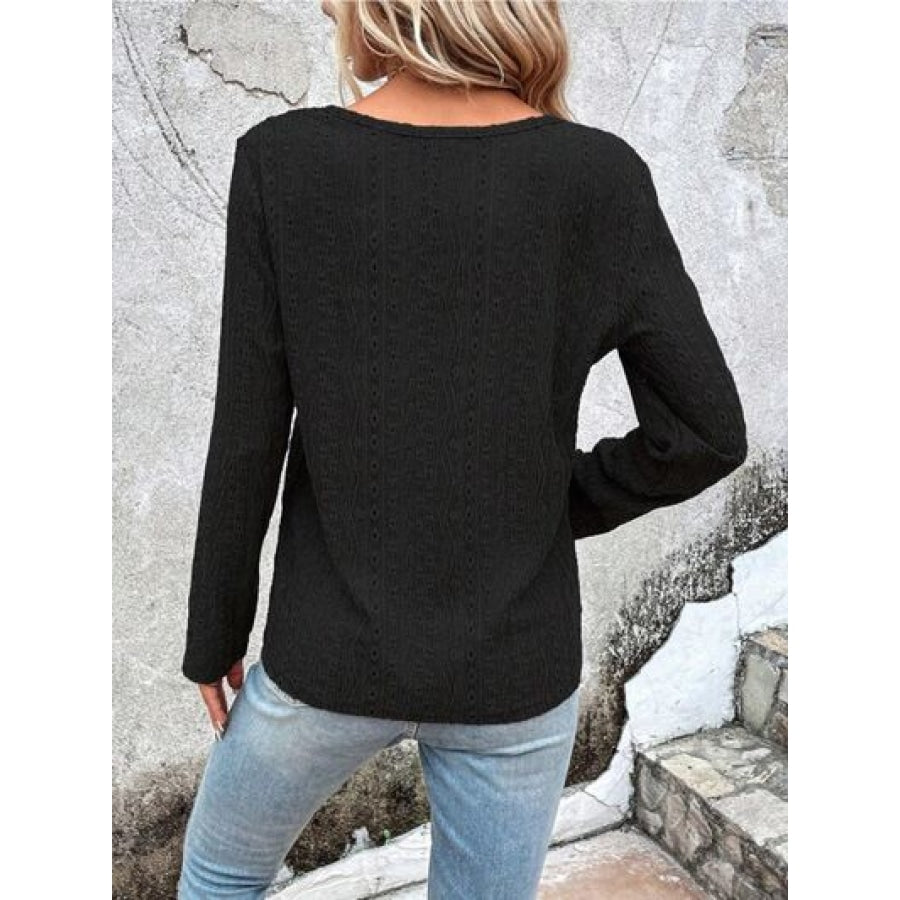 Openwork Half Button Long Sleeve Blouse Clothing