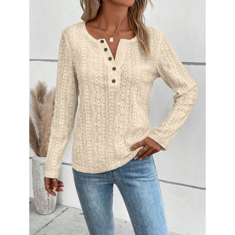 Openwork Half Button Long Sleeve Blouse Cream / S Clothing