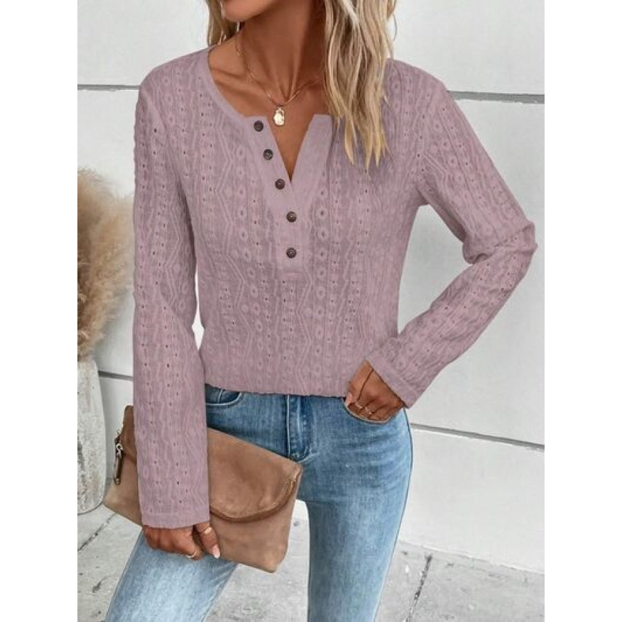 Openwork Half Button Long Sleeve Blouse Lilac / S Clothing