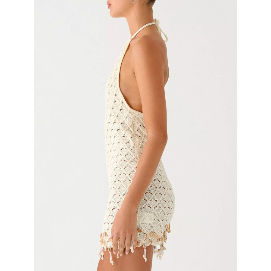 Openwork Halter Neck Mini Dress Apricot / S Apparel and Accessories