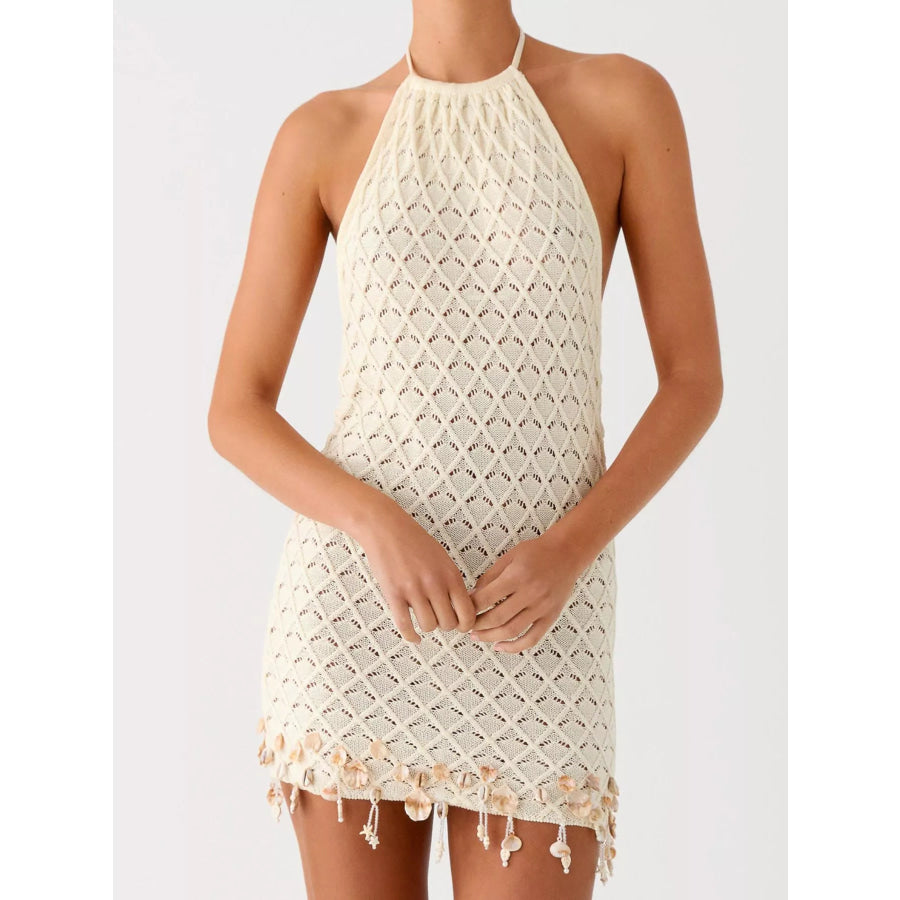Openwork Halter Neck Mini Dress Apricot / S Apparel and Accessories