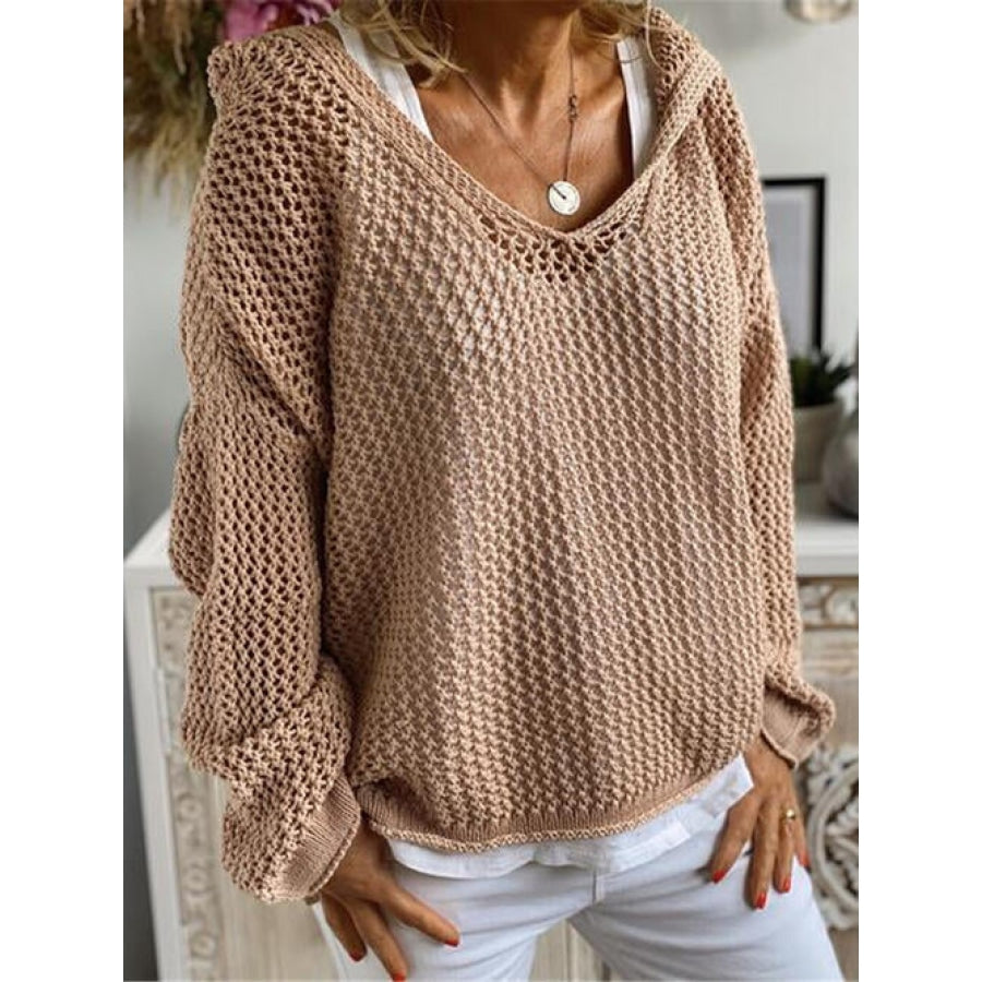 Openwork Hooded Long Sleeve Sweater Tan / S