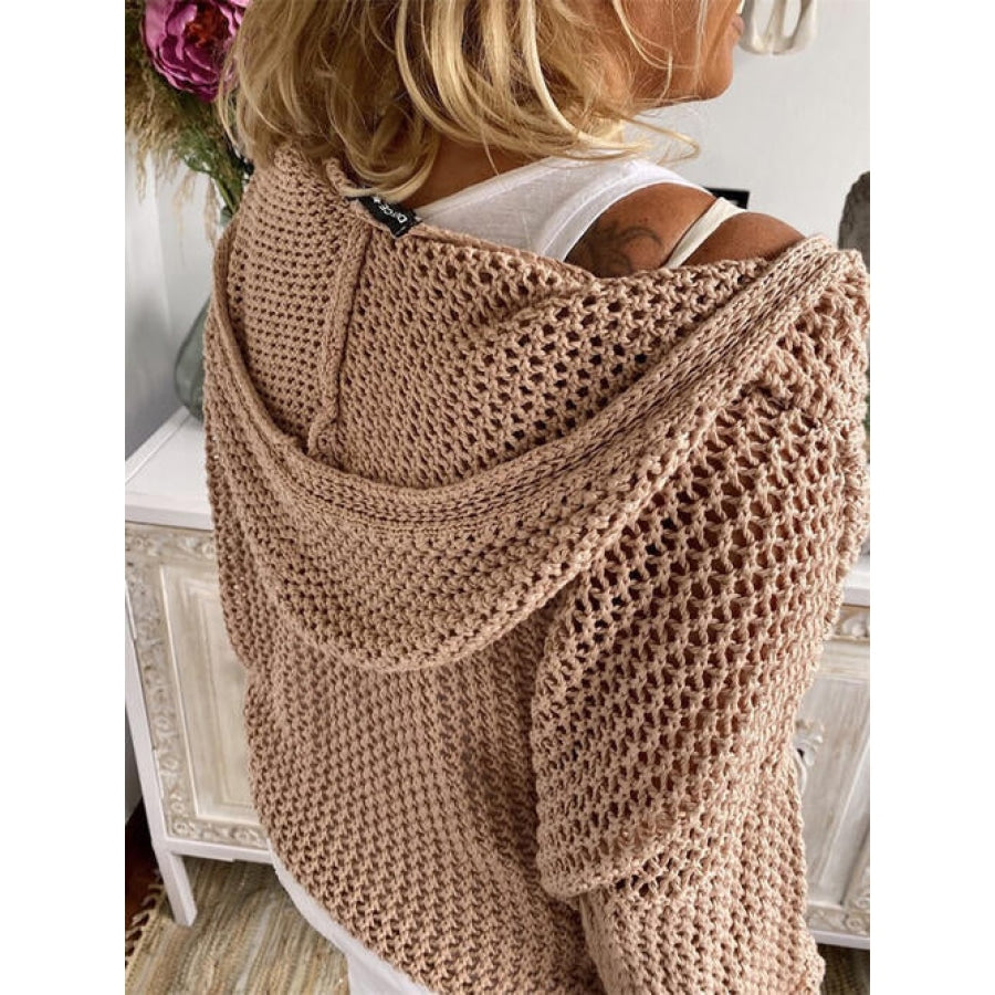 Openwork Hooded Long Sleeve Sweater Tan / S