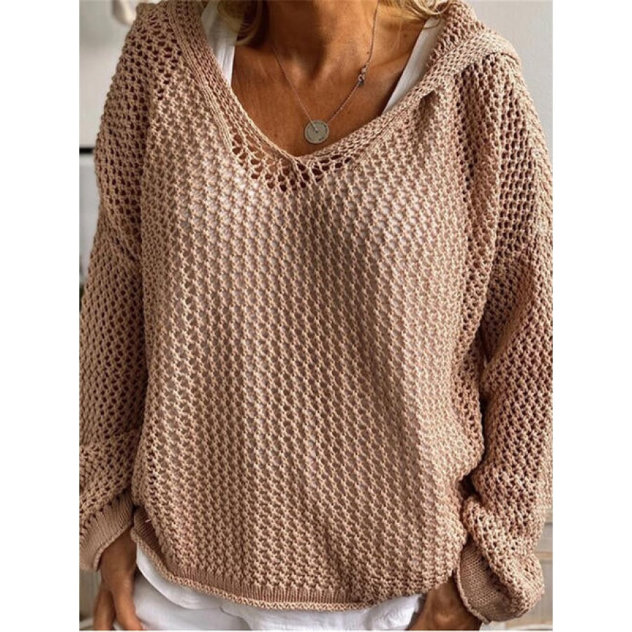 Openwork Hooded Long Sleeve Sweater