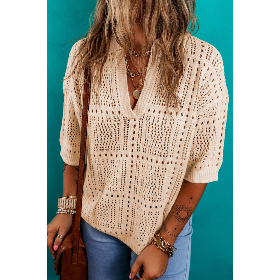 Openwork Johnny Collar Half Sleeve Knit Top Tan / S Apparel and Accessories