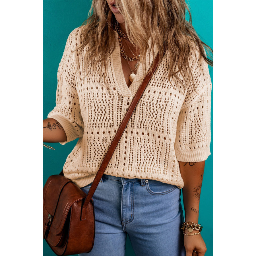 Openwork Johnny Collar Half Sleeve Knit Top Tan / S Apparel and Accessories