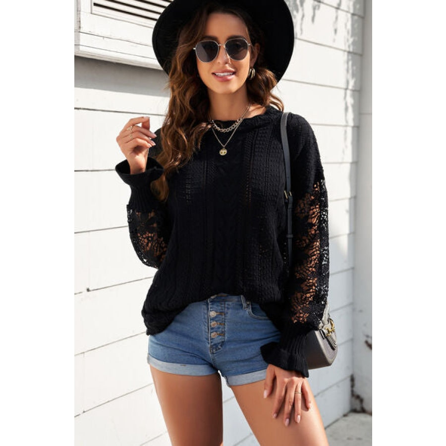 Openwork Lantern Sleeve Dropped Shoulder Sweater Black / S Clothing