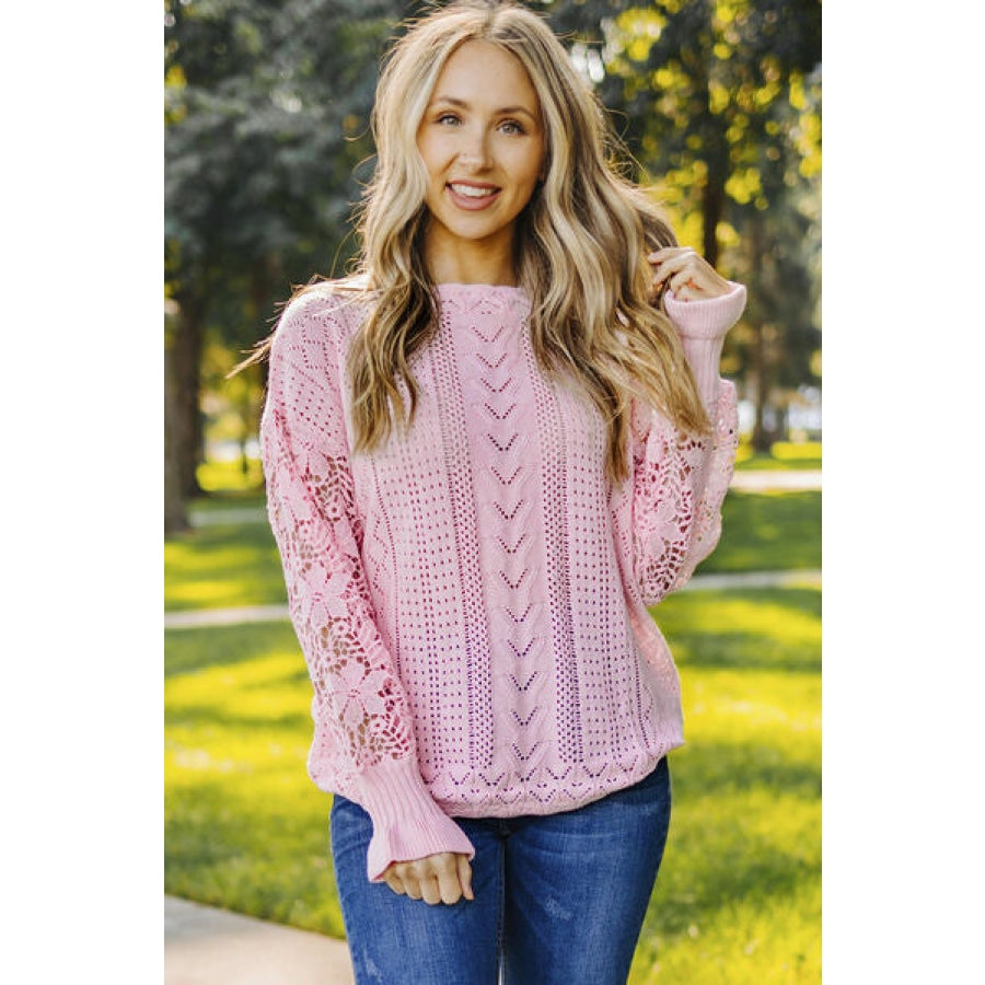 Openwork Lantern Sleeve Dropped Shoulder Sweater Blush Pink / S Clothing