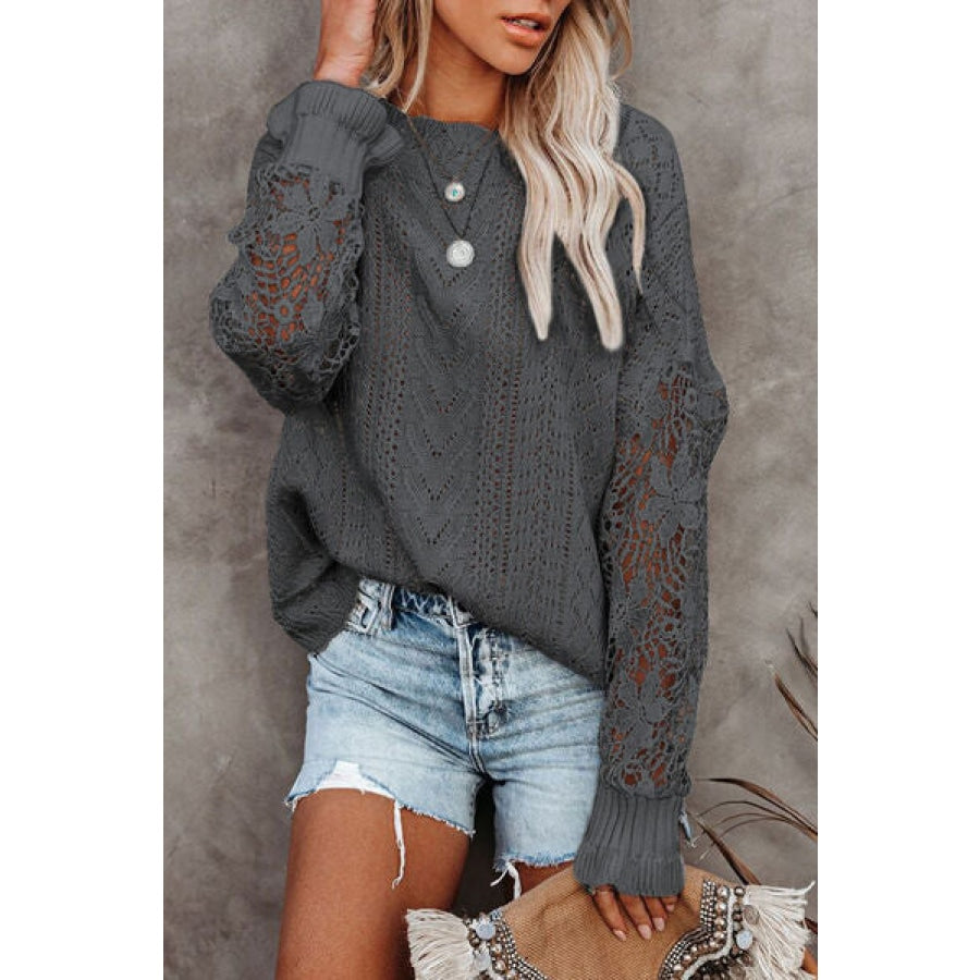 Openwork Lantern Sleeve Dropped Shoulder Sweater Charcoal / S Clothing