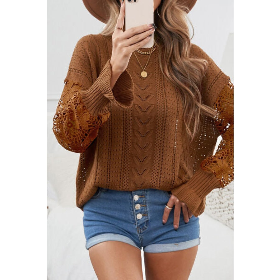 Openwork Lantern Sleeve Dropped Shoulder Sweater Chestnut / S Clothing