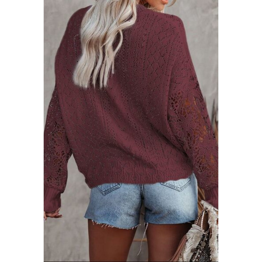 Openwork Lantern Sleeve Dropped Shoulder Sweater Clothing