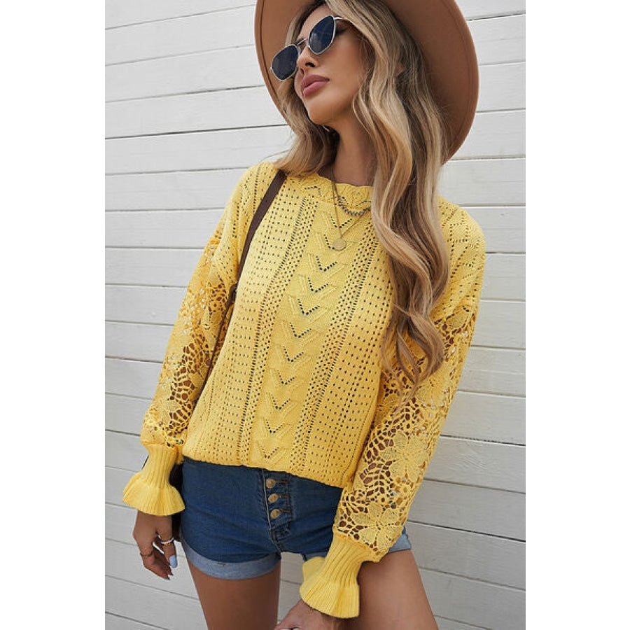 Openwork Lantern Sleeve Dropped Shoulder Sweater Clothing