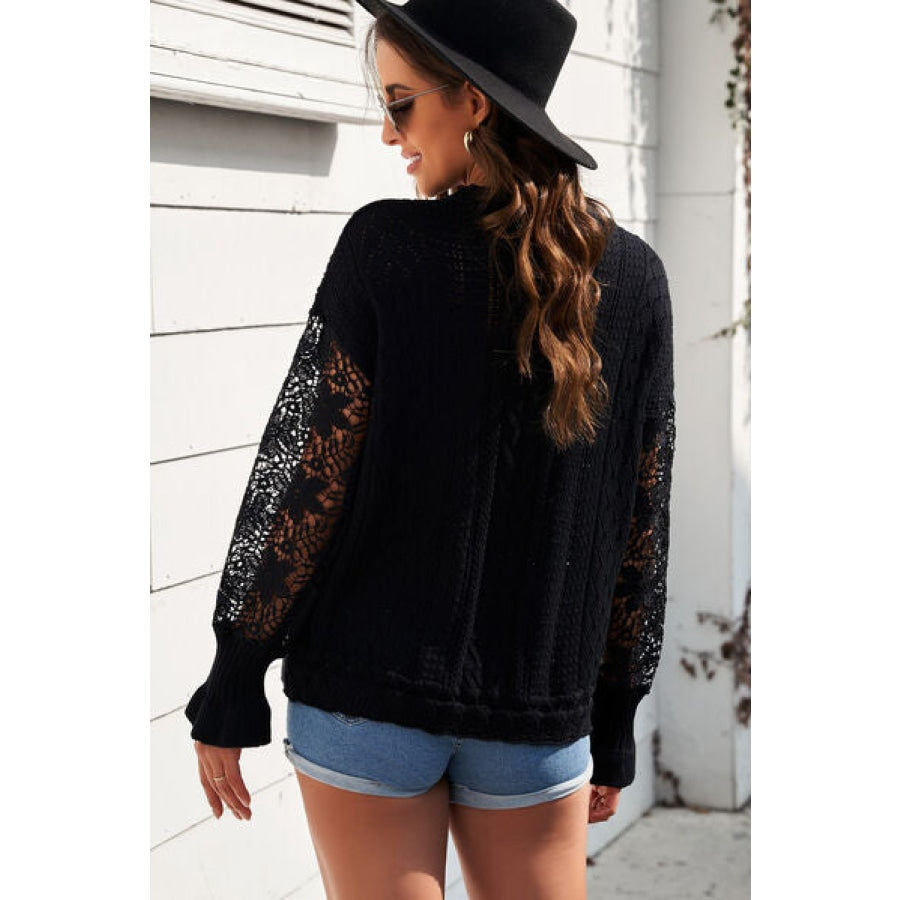 Openwork Lantern Sleeve Dropped Shoulder Sweater Clothing