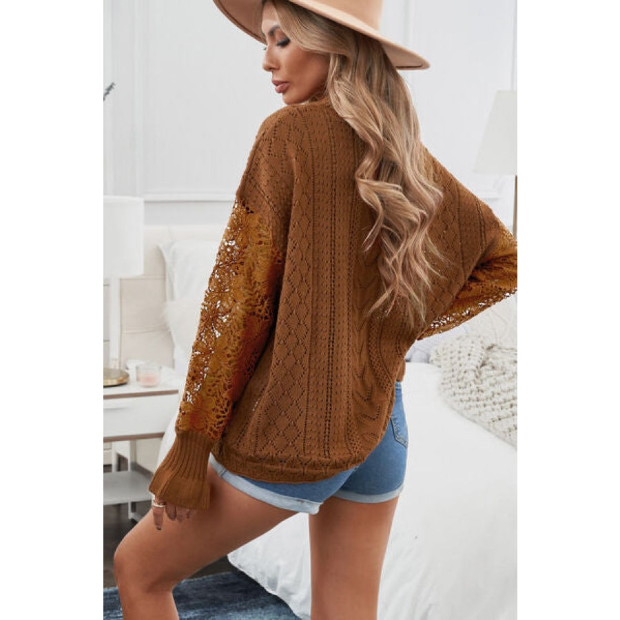 Openwork Lantern Sleeve Dropped Shoulder Sweater Clothing