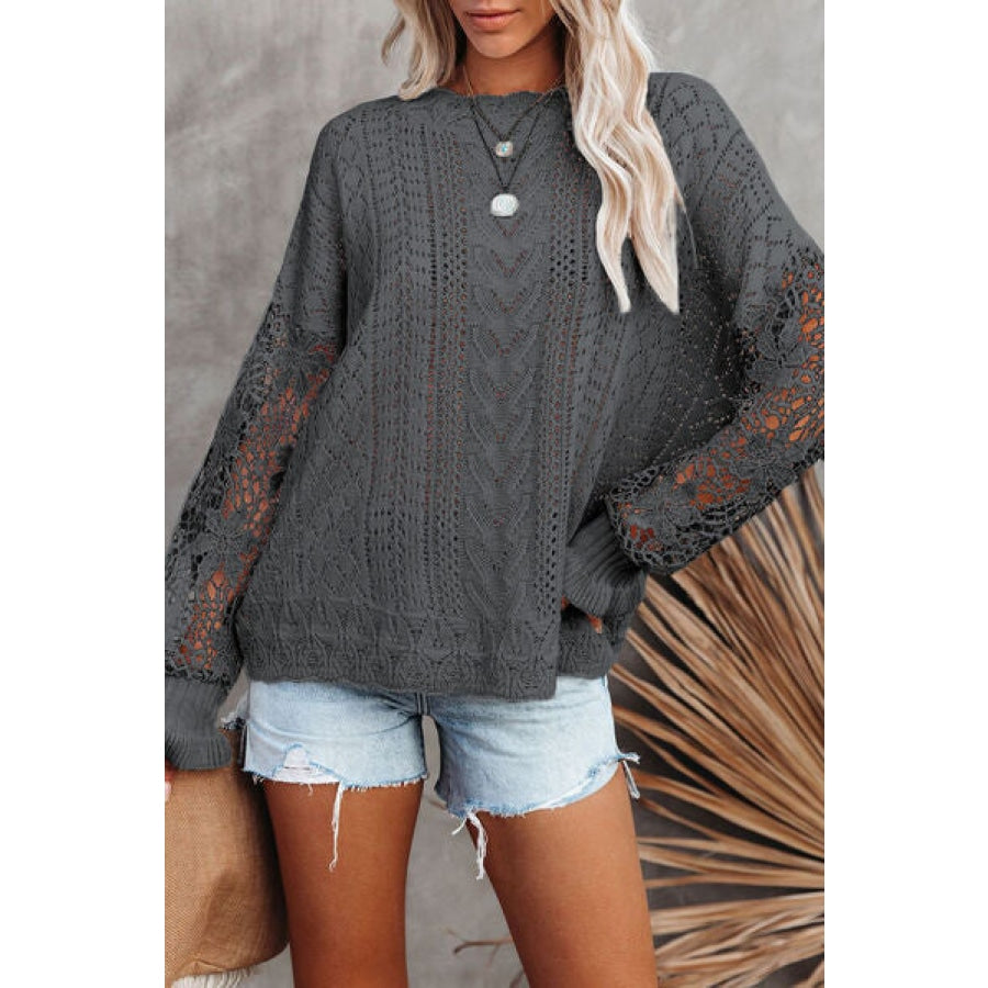 Openwork Lantern Sleeve Dropped Shoulder Sweater Clothing