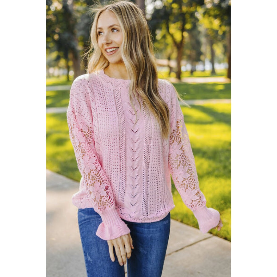 Openwork Lantern Sleeve Dropped Shoulder Sweater Clothing