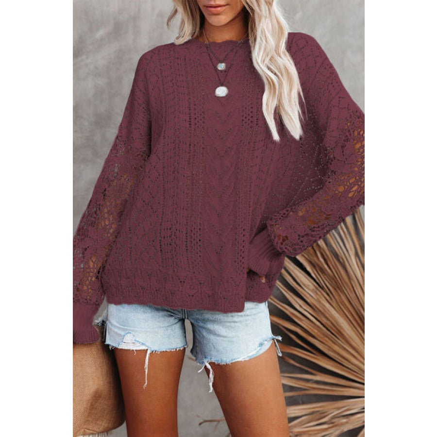 Openwork Lantern Sleeve Dropped Shoulder Sweater Clothing