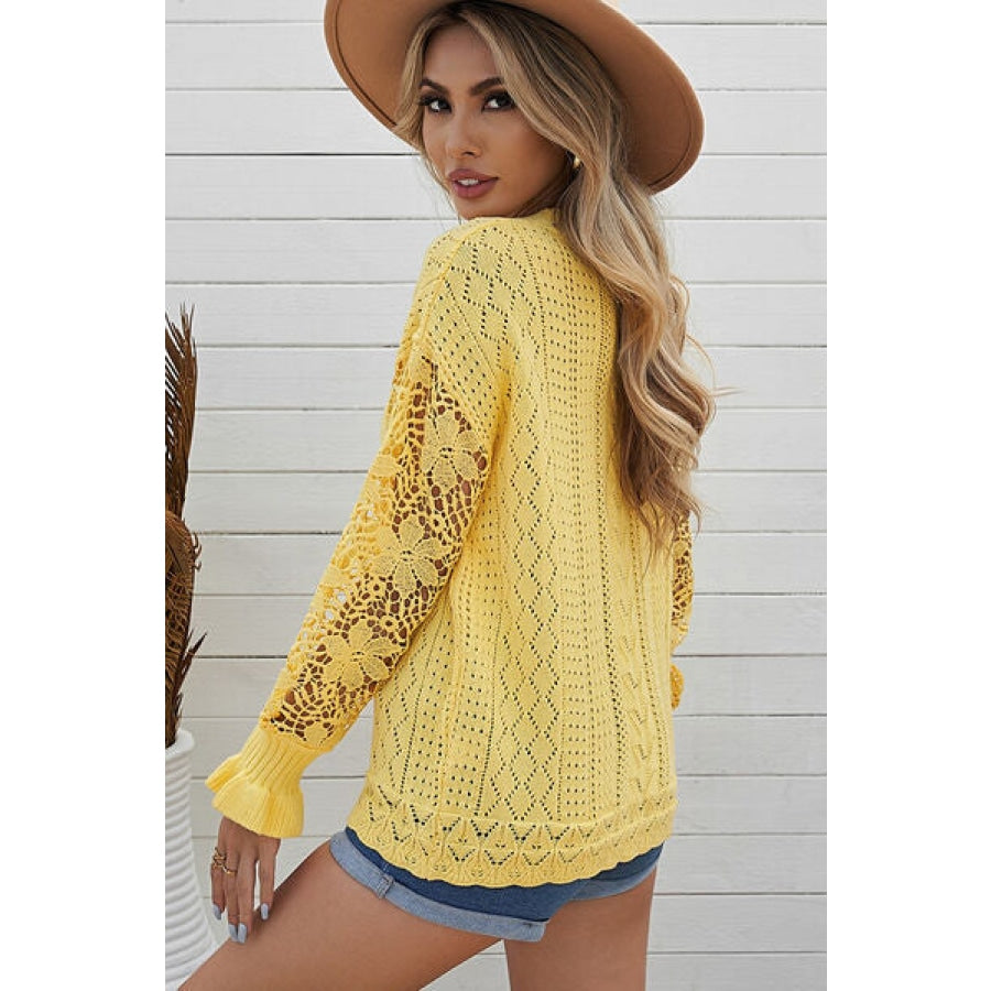 Openwork Lantern Sleeve Dropped Shoulder Sweater Clothing