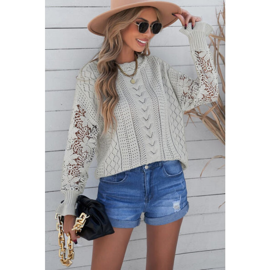 Openwork Lantern Sleeve Dropped Shoulder Sweater Clothing