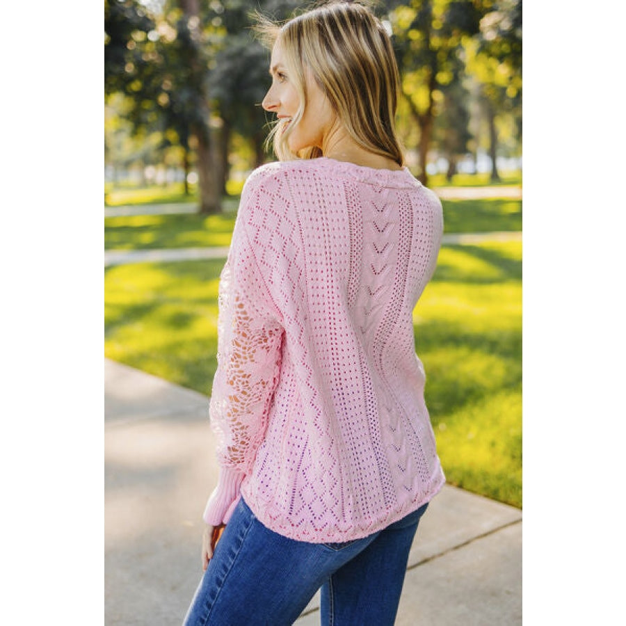 Openwork Lantern Sleeve Dropped Shoulder Sweater Clothing