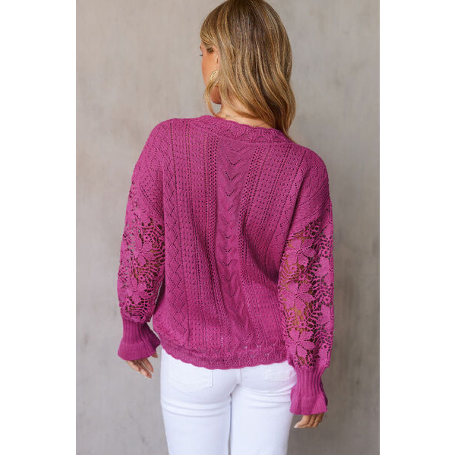 Openwork Lantern Sleeve Dropped Shoulder Sweater Deep Rose / S Clothing