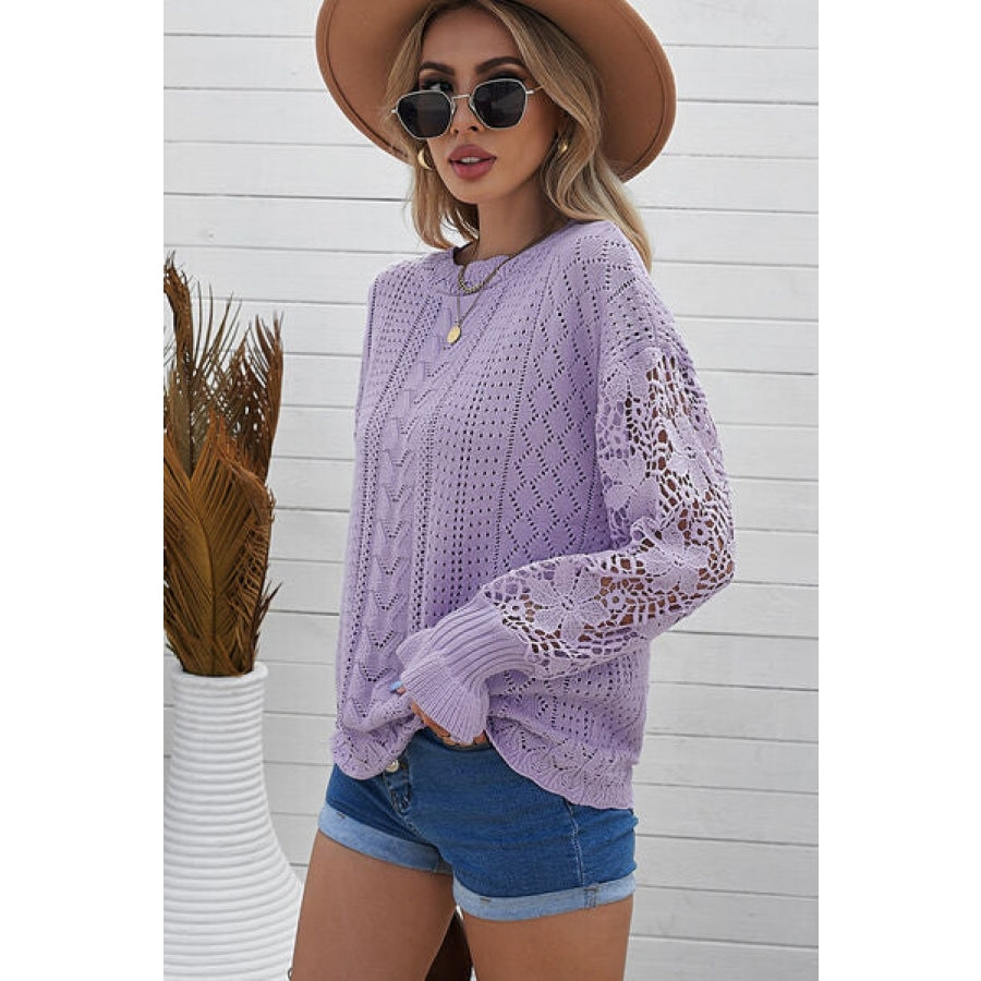 Openwork Lantern Sleeve Dropped Shoulder Sweater Clothing