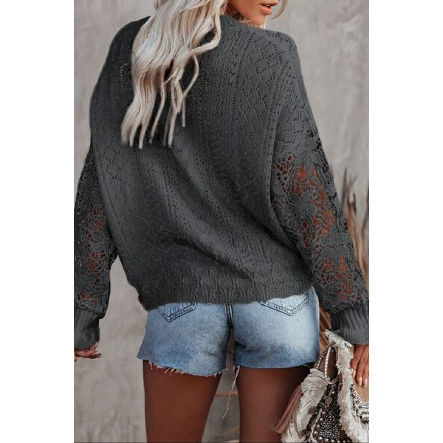 Openwork Lantern Sleeve Dropped Shoulder Sweater Clothing