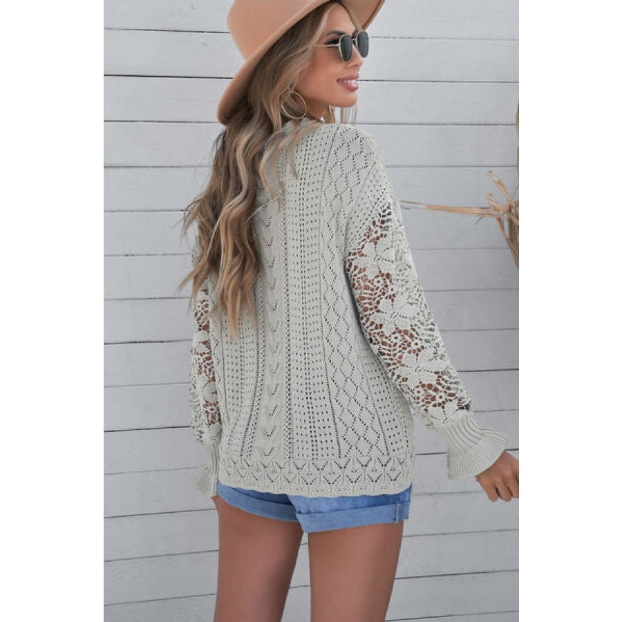 Openwork Lantern Sleeve Dropped Shoulder Sweater Clothing