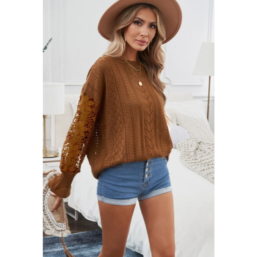 Openwork Lantern Sleeve Dropped Shoulder Sweater Clothing