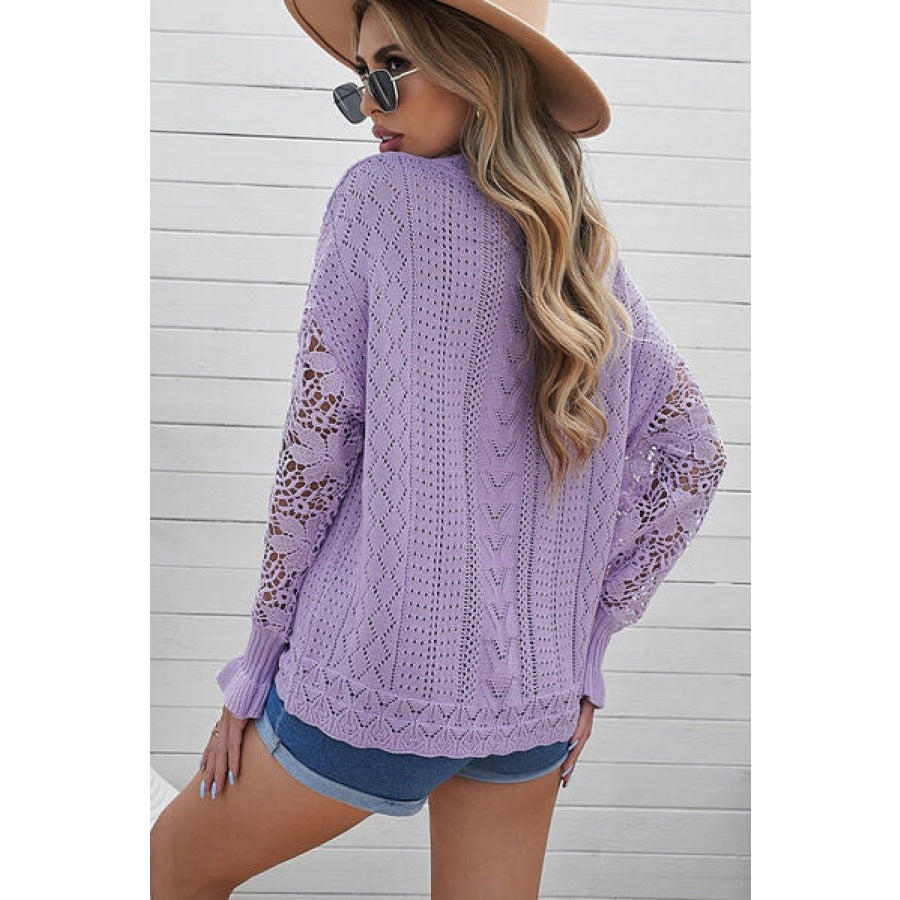 Openwork Lantern Sleeve Dropped Shoulder Sweater Clothing