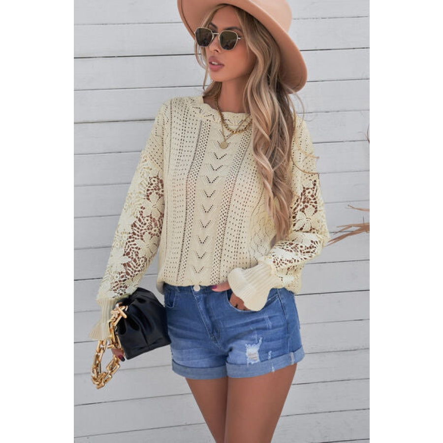 Openwork Lantern Sleeve Dropped Shoulder Sweater Cream / S Clothing