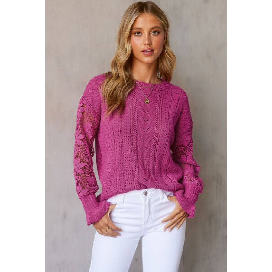 Openwork Lantern Sleeve Dropped Shoulder Sweater Deep Rose / S Clothing