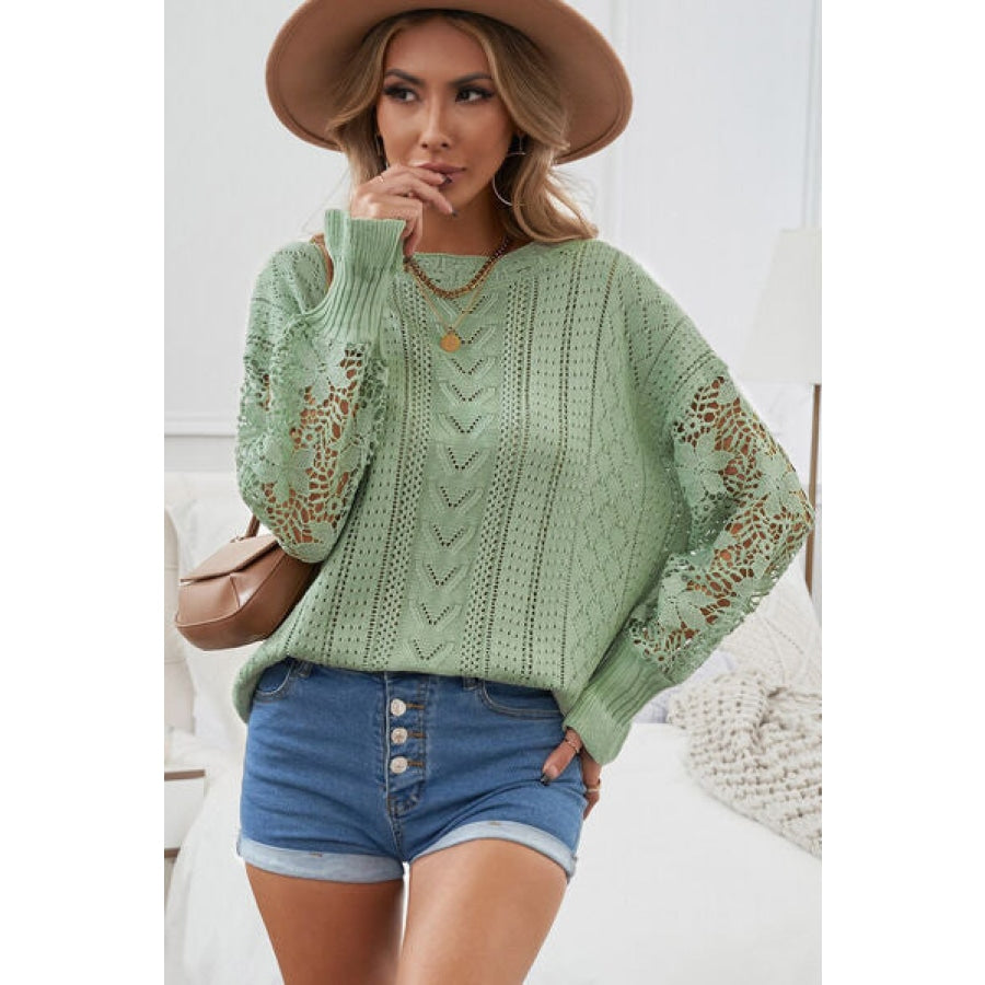 Openwork Lantern Sleeve Dropped Shoulder Sweater Gum Leaf / S Clothing