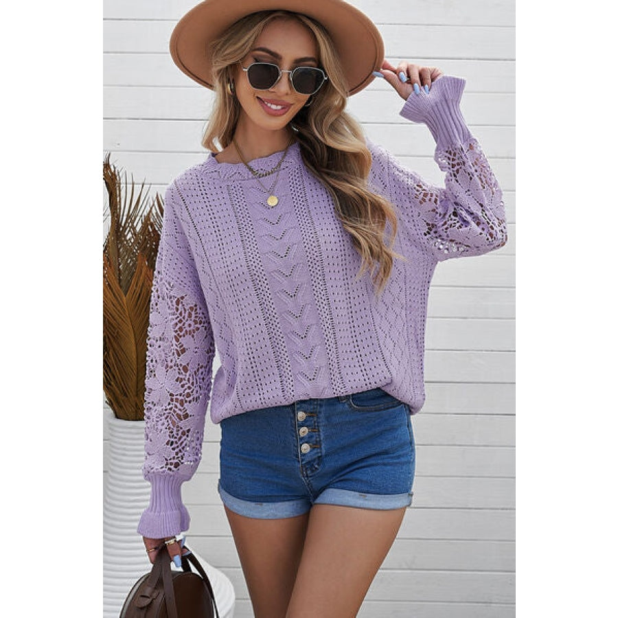 Openwork Lantern Sleeve Dropped Shoulder Sweater Lavender / S Clothing