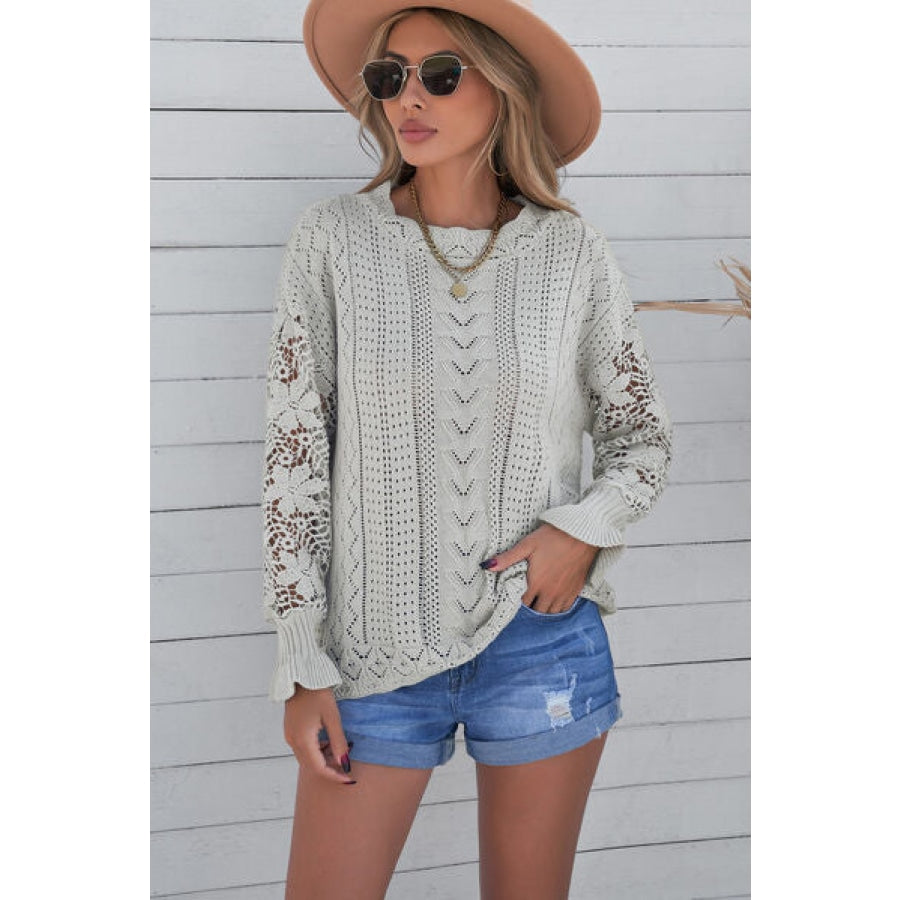 Openwork Lantern Sleeve Dropped Shoulder Sweater Light Gray / S Clothing