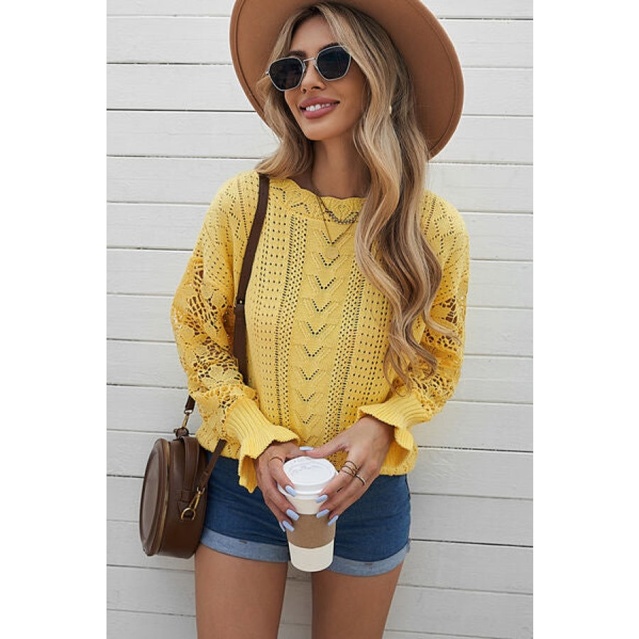 Openwork Lantern Sleeve Dropped Shoulder Sweater True Yellow / S Clothing